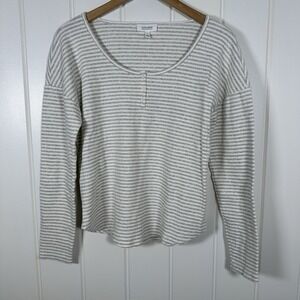 Haven Well Within Top Large Gray White Stripe Ribbed Henley Long Sleeve